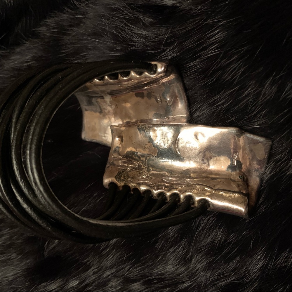 Silver Statement Cuff Bracelet With Black Wire Ba… - image 3